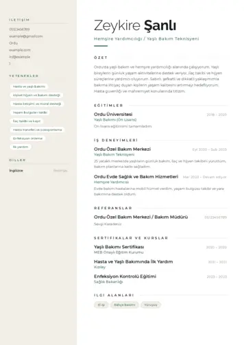 Hasta ve Yaşlı Bakım Elemanı Cv Örnekleri cv indir